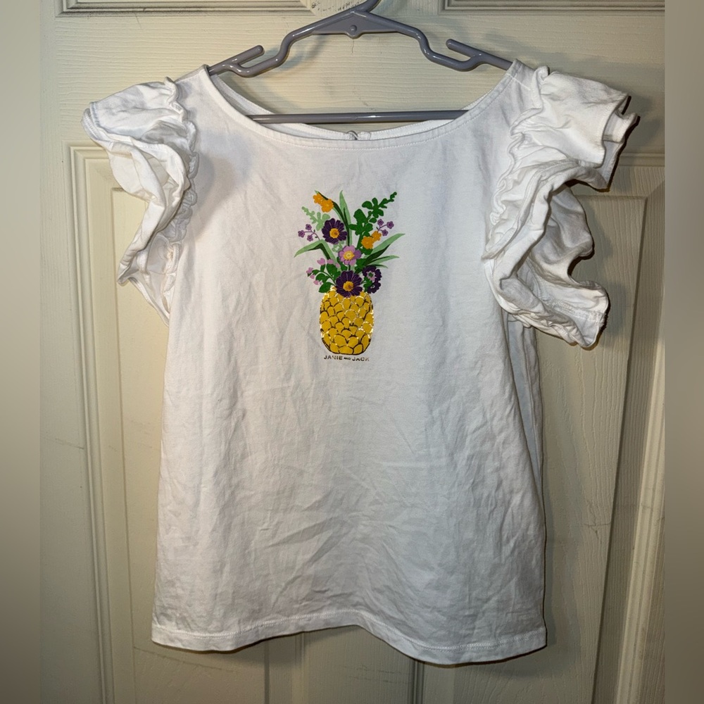 Janie and Jack Girls 12 White Graphic Floral Ruffle Short Sleeve Tee, Round